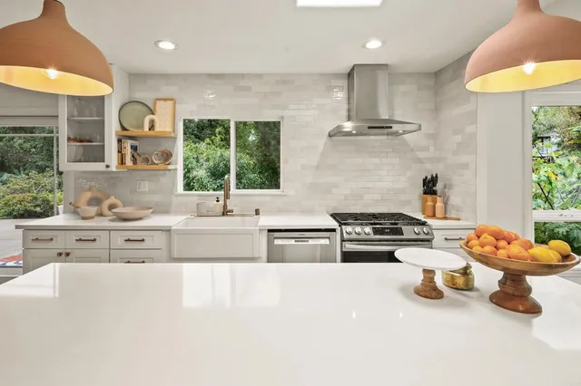 a kitchen with a sink a counter space appliances and cabinets