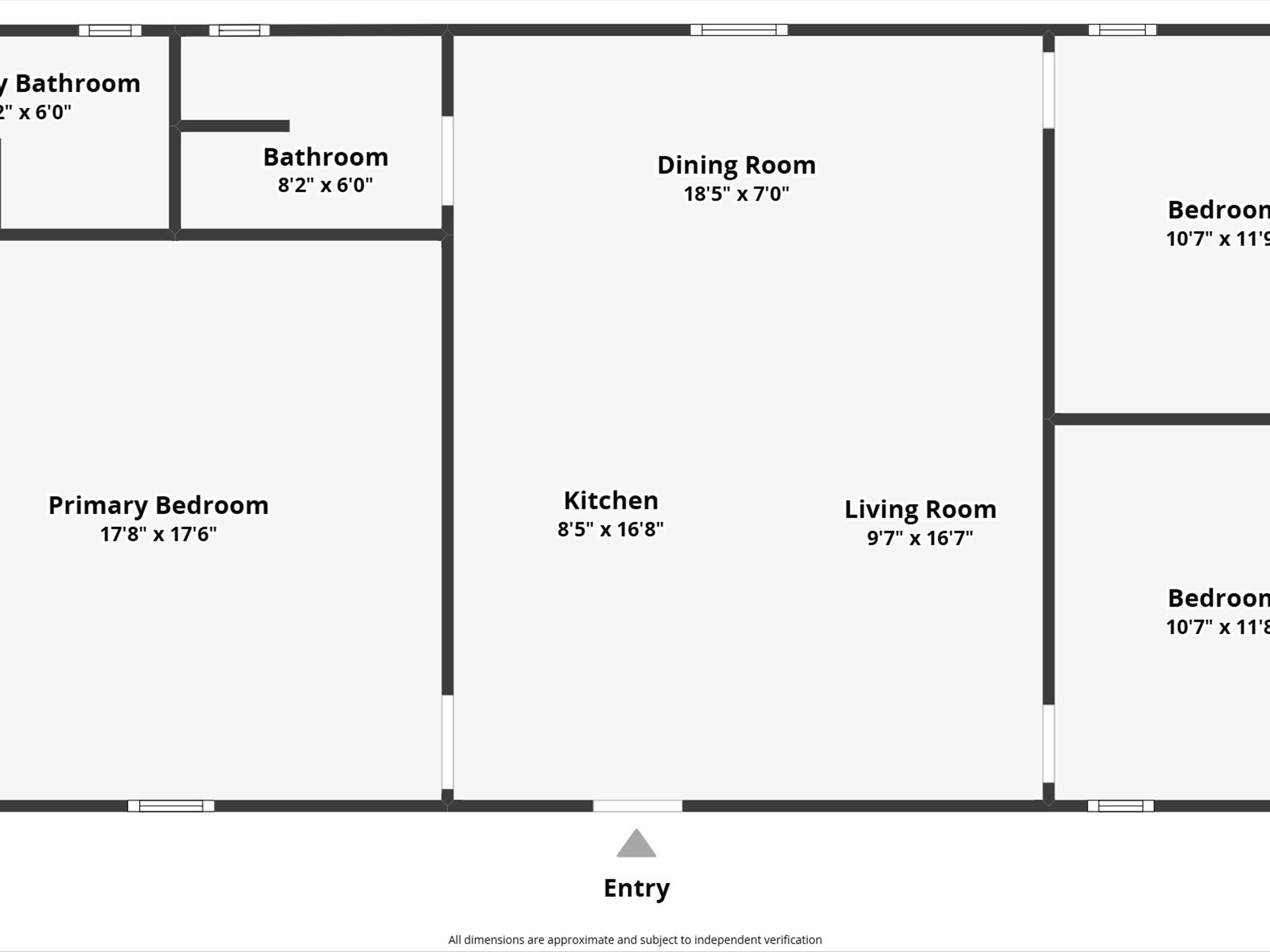 818 Surf Drive Surfside Beach, TX 77541 - Photo 29 of 29 This floor plan features a spacious primary bedroom (17'8" x 17'6"), two additional bedrooms, and two bathrooms. The layout includes a dining room, a kitchen (8'5" x 16'8"), and a living room (9'7" x 16'7"). The entry is centrally located, providing easy access to all areas.