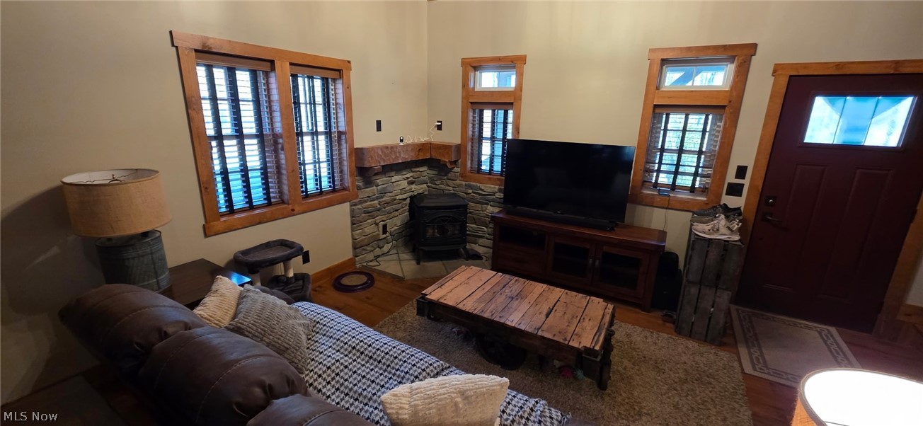 3989 Court Road Wakeman, OH 44889 - Photo 3 of 36 Living room with a pellet stove and dark wood-style flooring