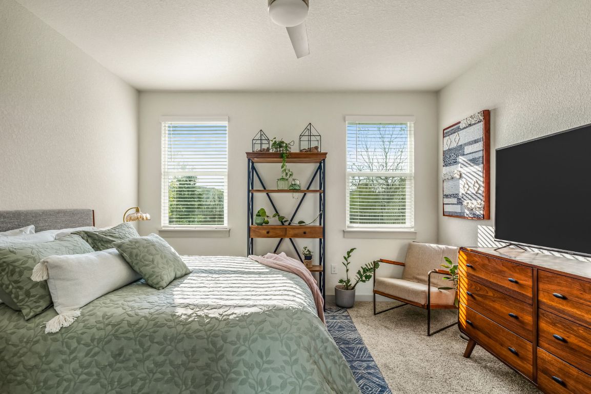 10002 Baden Lane Austin, TX 78754 - Photo 15 of 28 Bedroom featuring carpet flooring, a textured wall, multiple windows, a ceiling fan, and a textured ceiling