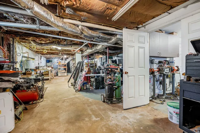 a view of a garage with storage
