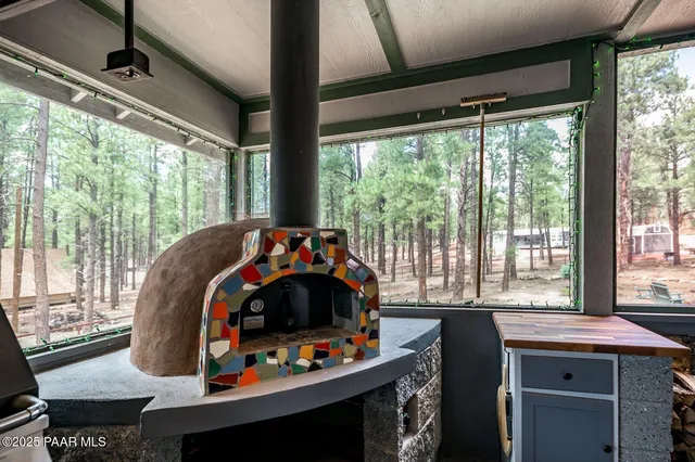 a view of a park with large trees