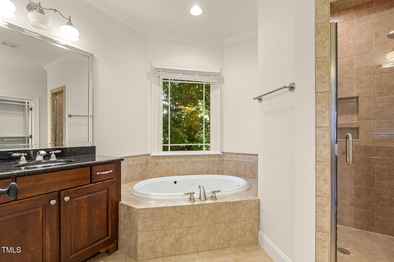 3124 Briar Stream Run Raleigh, NC 27612 - Photo 35 of 57 a bathroom with a granite countertop tub sink and mirror