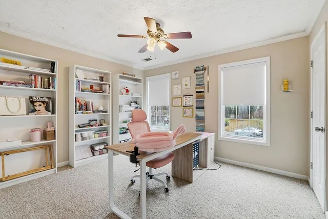 a workspace with a bookshelf