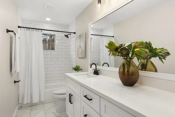 a bathroom with a sink a toilet and shower