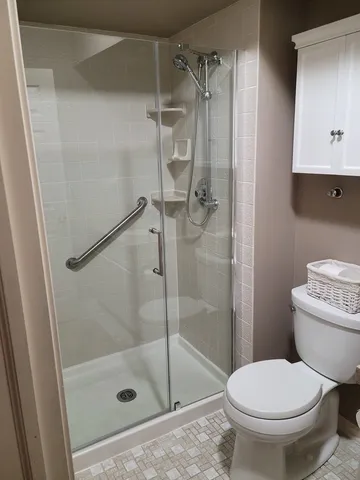 a bathroom with a shower and a toilet