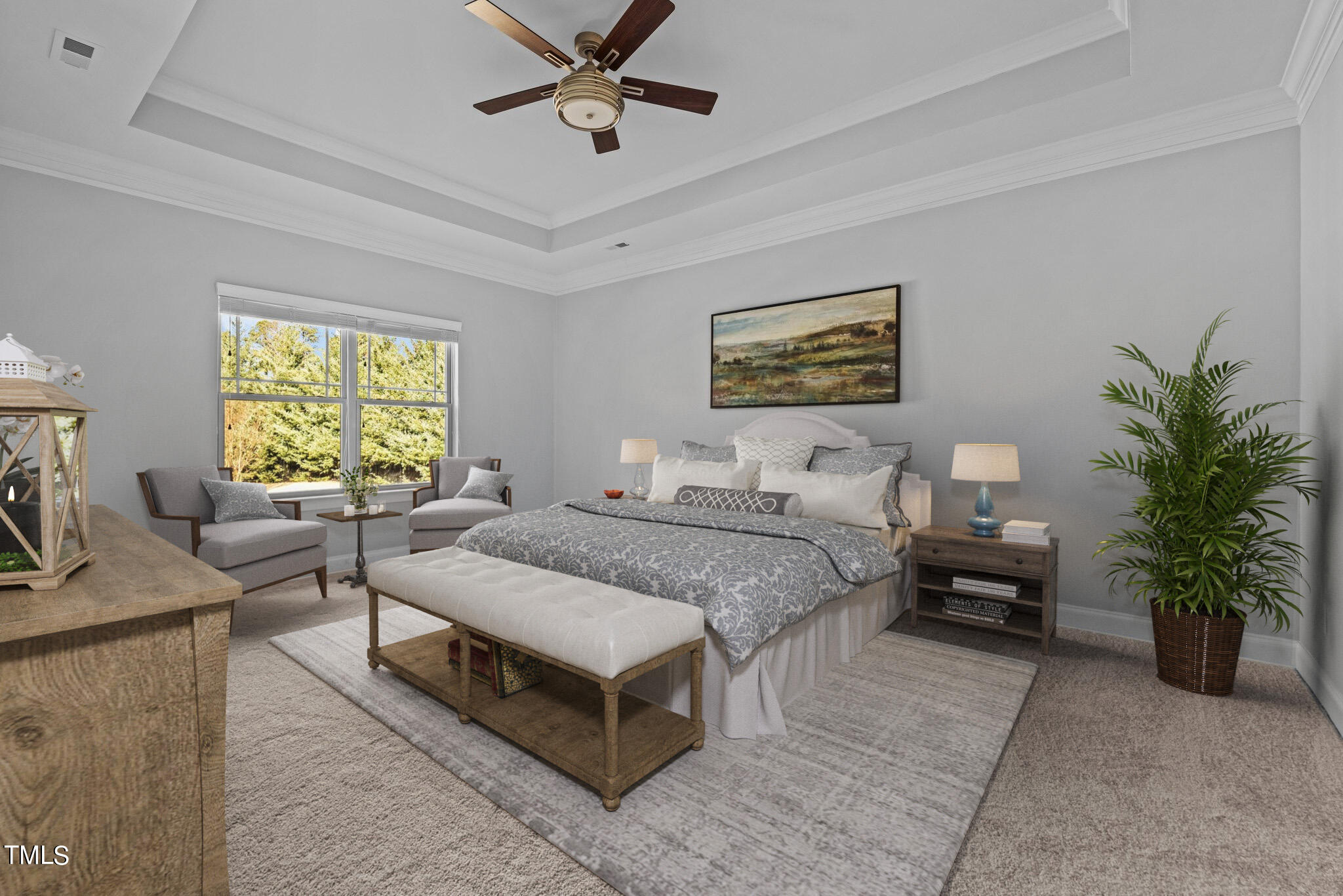 95 Windy Creek Drive Willow Spring, NC 27592 - Photo 19 of 55 a spacious bedroom with a bed a couch and a potted plant on the dresser