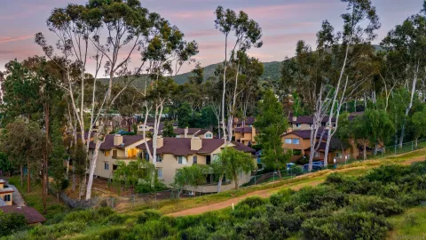 a front view of house with yard and trees around