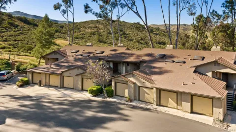 an aerial view of residential houses with outdoor space and trees