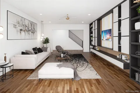 a workspace with furniture and wooden floor