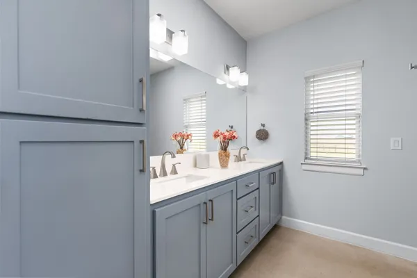 a bathroom with a sink a mirror and a shower
