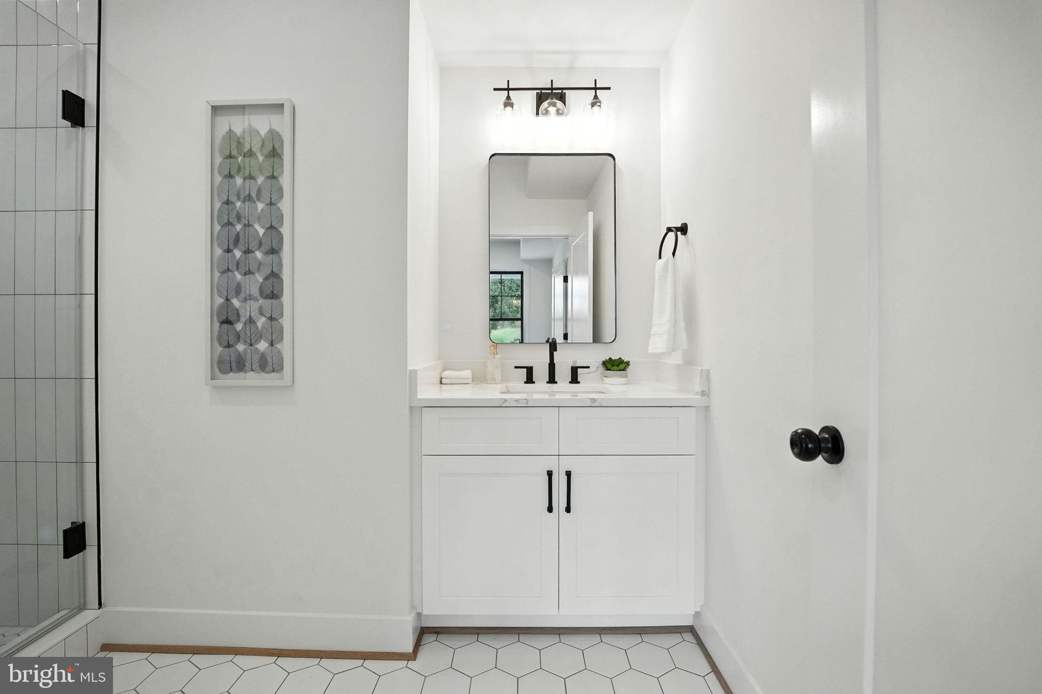 8118 Drayton Lane Springfield, VA 22151 - Photo 30 of 71 a bathroom with a sink a mirror and shower
