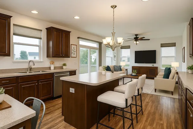 a kitchen with a table chairs sink and cabinets