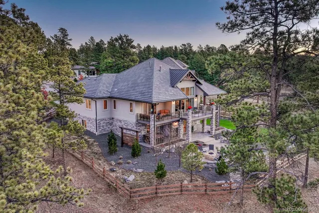 a aerial view of a house with a yard plants and large tree