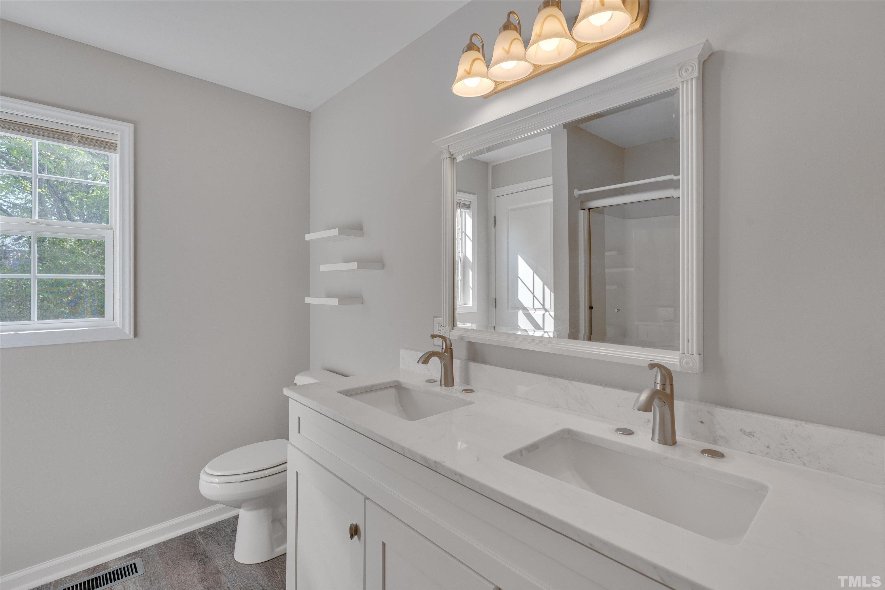 308 South Mineral Springs Road Durham, NC 27703 - Photo 19 of 42 a bathroom with a toilet a sink a vanity a window and mirror