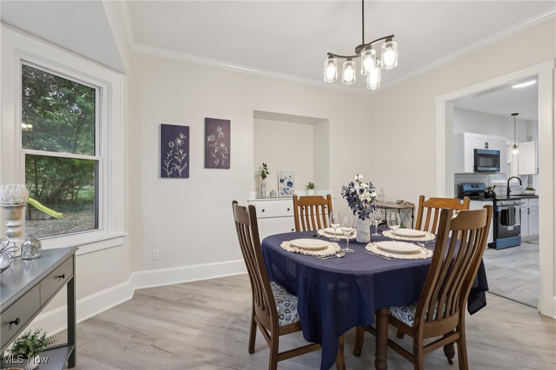 548 Spring Street Wooster, OH 44691 - Photo 5 of 45 Dining area featuring crown molding, light wood finished floors, and a chandelier