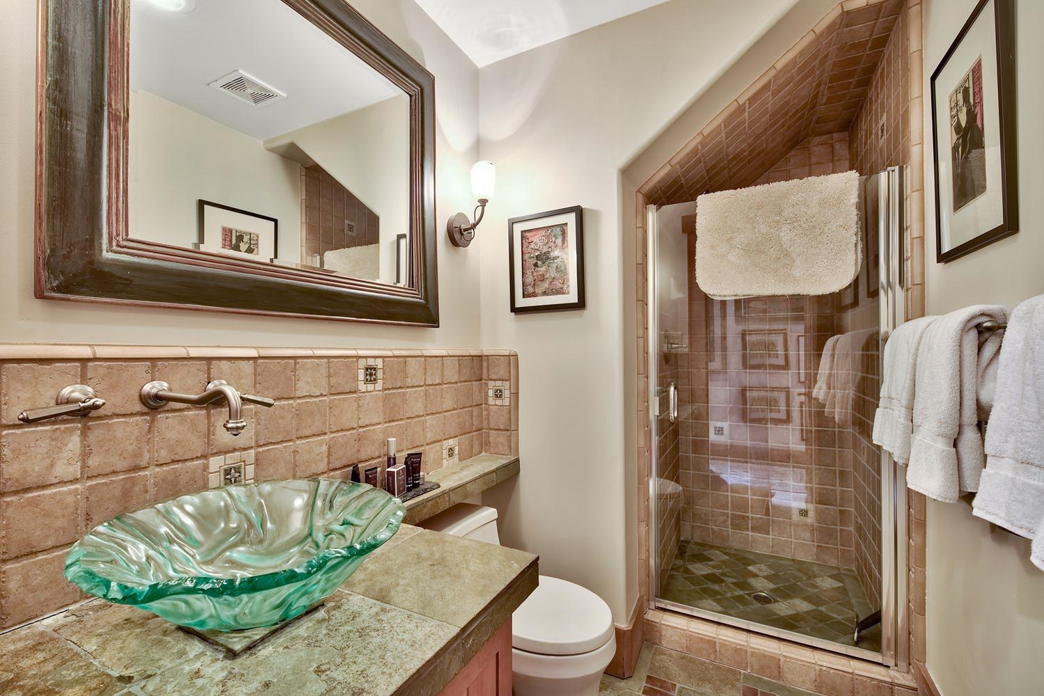 120 Bob Watson Truckee, CA 96161 - Photo 16 of 21 a bathroom with a granite countertop sink a mirror and a shower