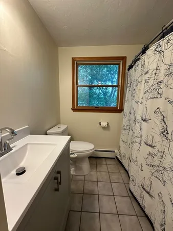 a bathroom with a sink a toilet and window