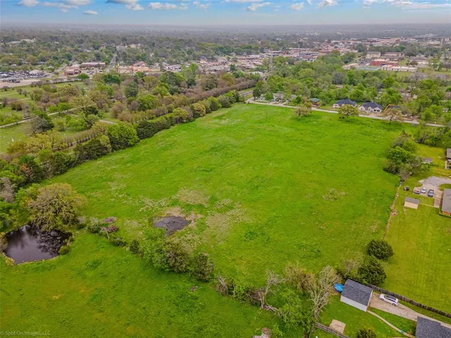a view of a city with lush green forest