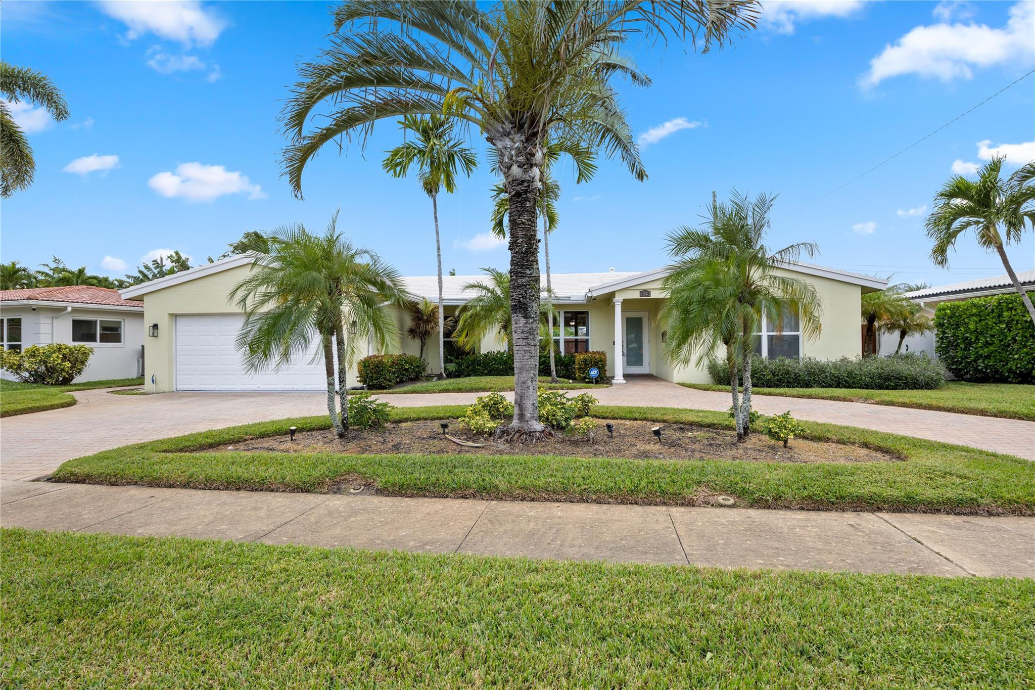 a palm tree sitting in front of a house with a yard