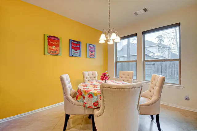 a view of a dining room with furniture window and outside view