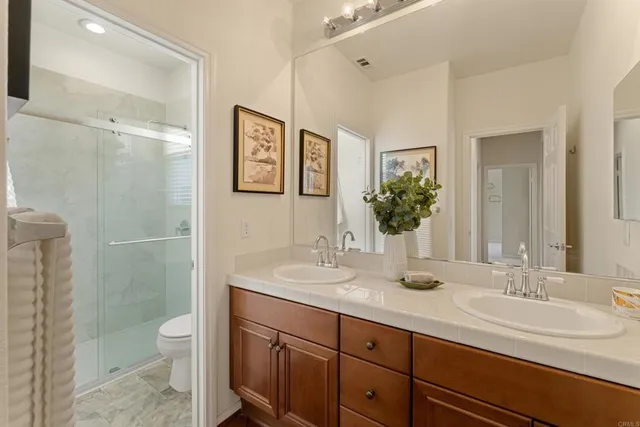 a bathroom with a granite countertop sink toilet and shower