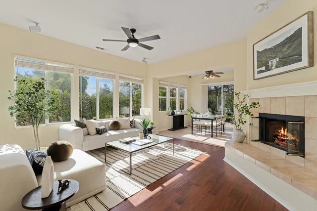 a living room with furniture and a fireplace