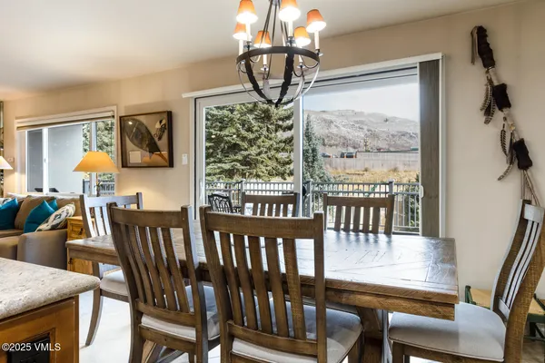 a view of a dining room and furniture window and outside view