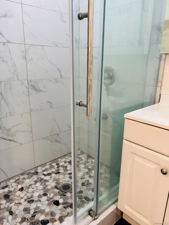 a bathroom with a shower and toilet