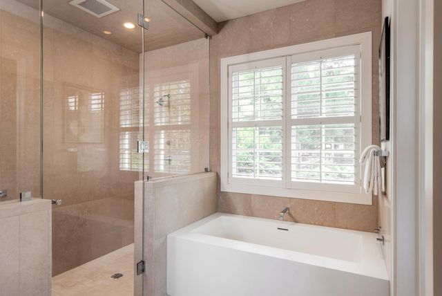 a bathroom with a bathtub and a shower