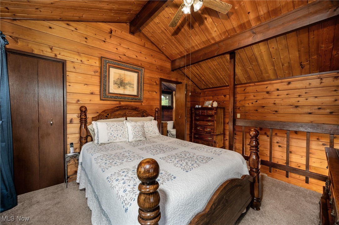 55901 Deep Run Road Martins Ferry, OH 43935 - Photo 24 of 50 Bedroom featuring carpet, wood ceiling, and wooden walls