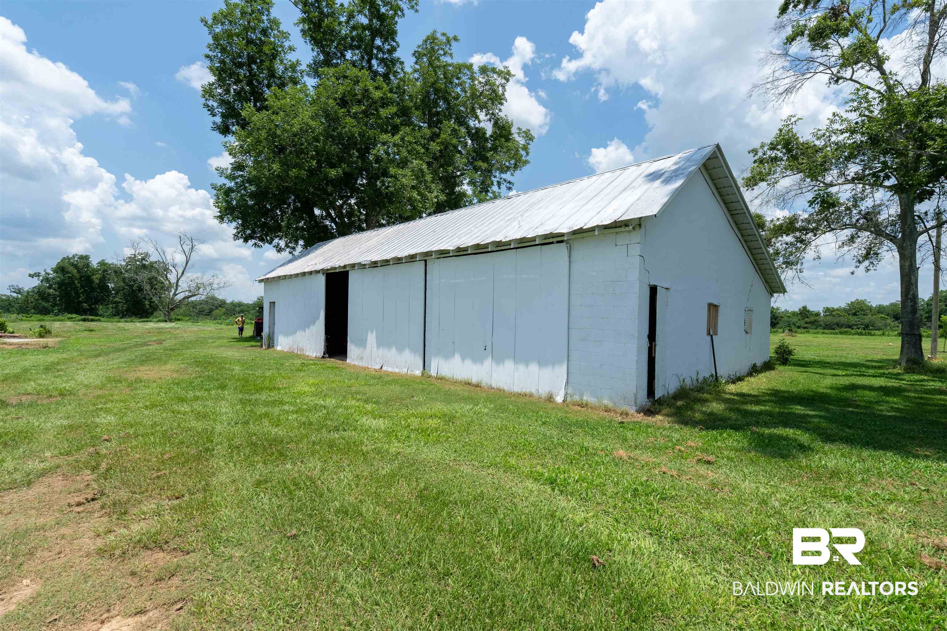15575 Mikkelsen Road Summerdale, AL 36580 - Photo 35 of 68 White barn structure with a metal roof, featuring multiple entry points and set against a backdrop of mature trees and expansive green space