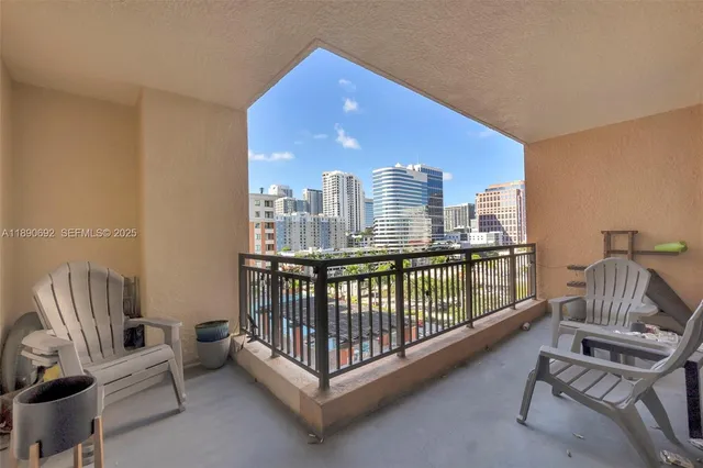 a view of a building from a balcony