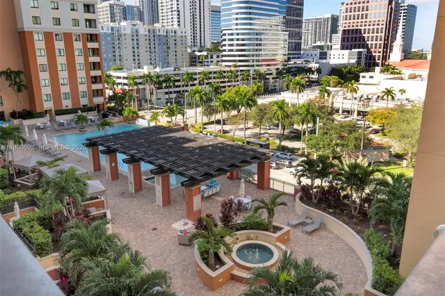 a view of a city with tall buildings