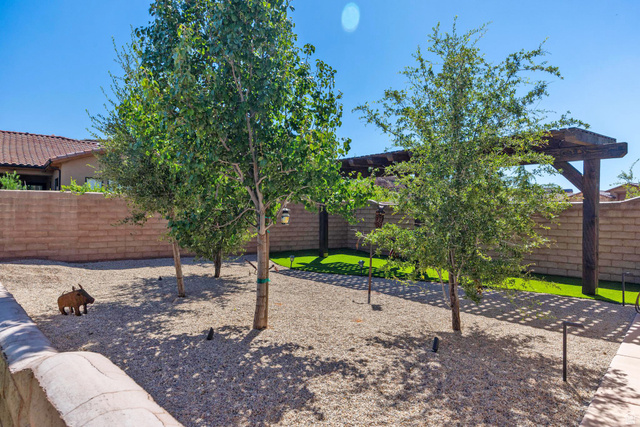 168 South Rancho Santa Fe Virgin, UT 84779 - Photo 54 of 68 Landscaped yard featuring gravel ground cover, mature trees, a wood pergola, and artificial turf