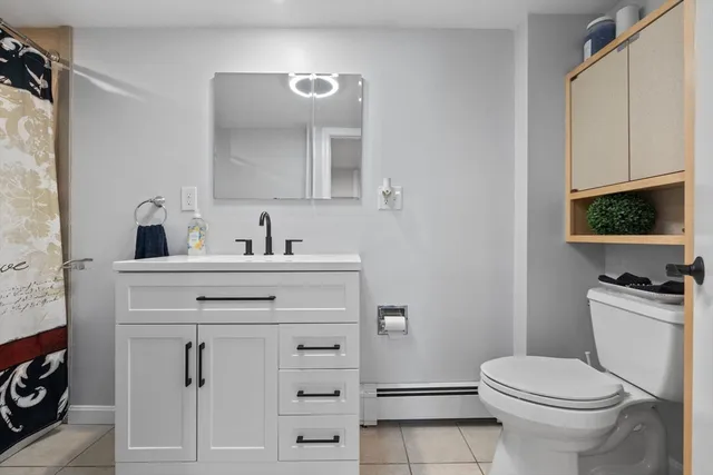 a bathroom with a sink a toilet a mirror and shower curtain