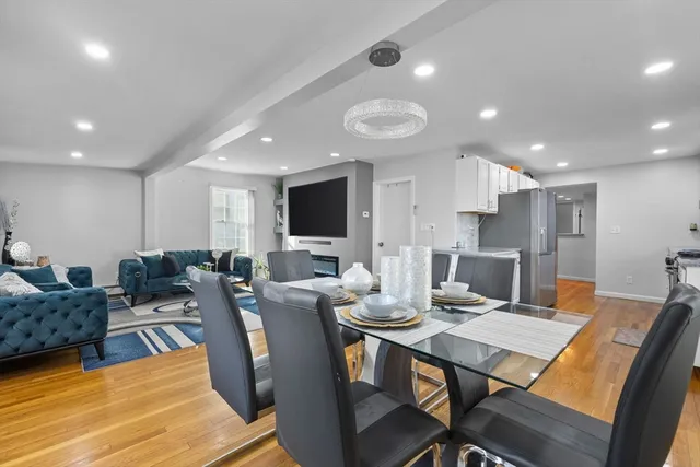 a view of a dining room with furniture