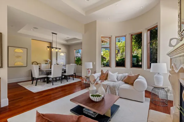 a living room with furniture potted plant wooden floor and a large window