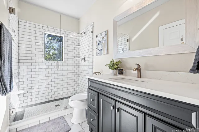 a bathroom with a sink a toilet and shower