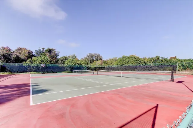 a view of a park with large trees