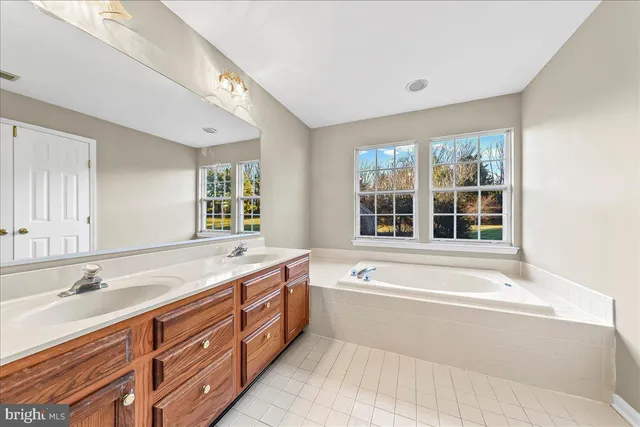 a spacious bathroom with a tub double sink and mirror