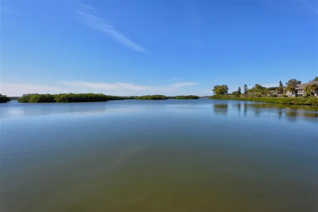 a view of a lake with houses in the background