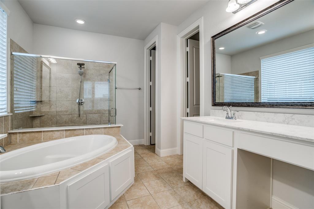 2811 Killdeer Trail Prosper, TX 75078 - Photo 26 of 36 Full bathroom with a bath, a stall shower, vanity, light tile patterned flooring, and recessed lighting