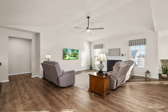 a living room with furniture and a fireplace