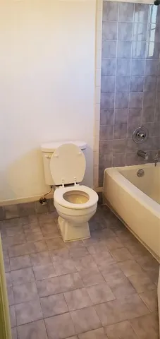 a white toilet sitting next to a bath tub
