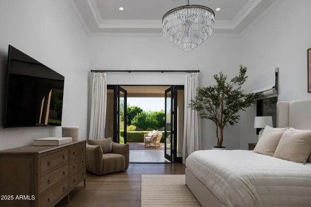 a bedroom with a large bed and a television