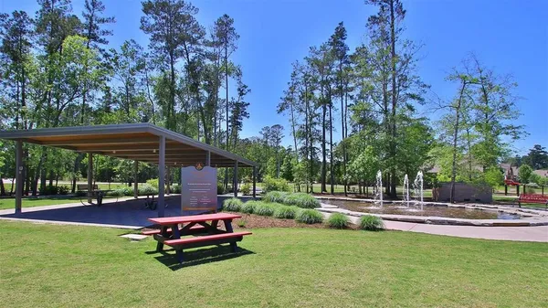 a garden view with a seating space