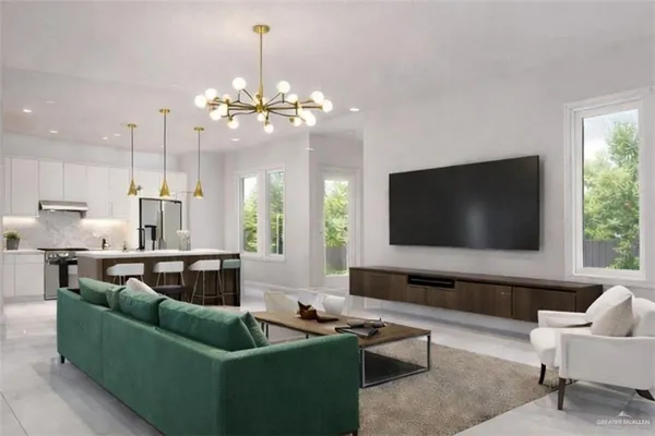 a living room with furniture a chandelier and a flat screen tv