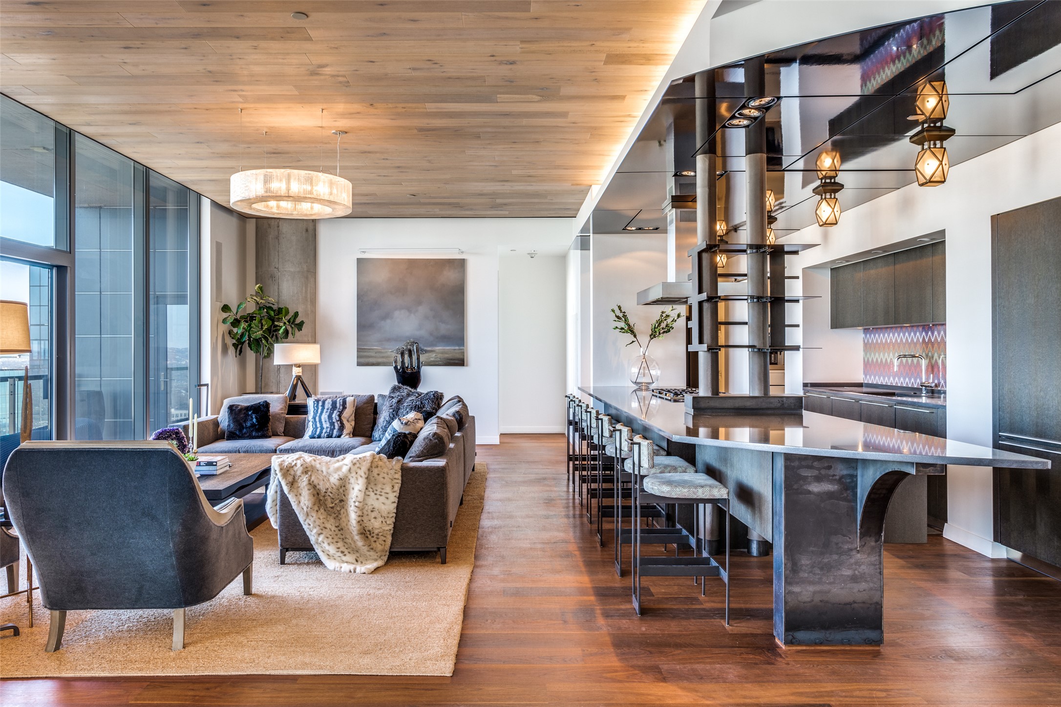 210 Lavaca Street, Unit 3305 Austin, TX 78701 - Photo 3 of 24 Living room featuring wood finished floors, wooden ceiling, and expansive windows