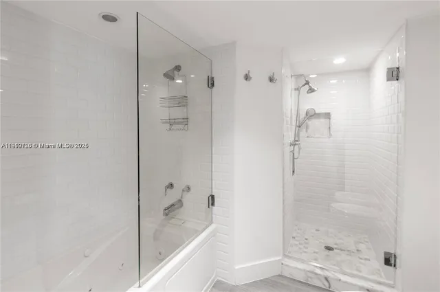 a bathroom with a bathtub and a shower